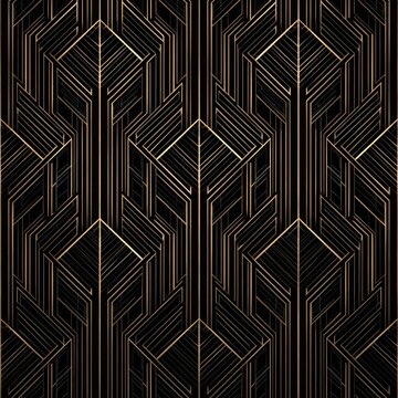 Fototapeta Repeating gold geometric deco pattern on a black background, vertical oriented shapes