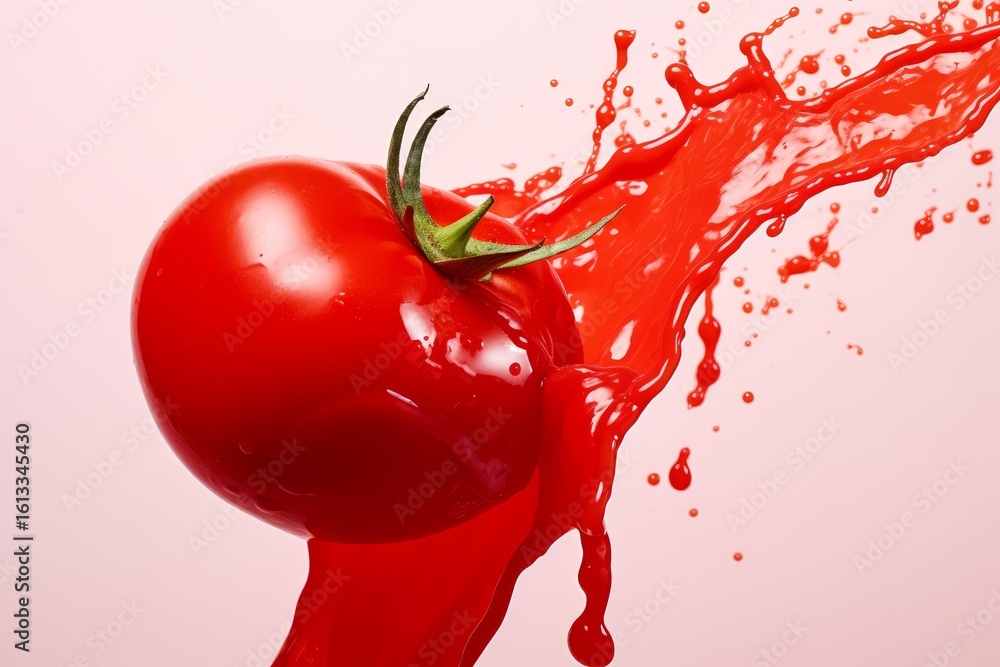 Poster fresh tomato splashing, creating a dynamic stream of juice on a pink background