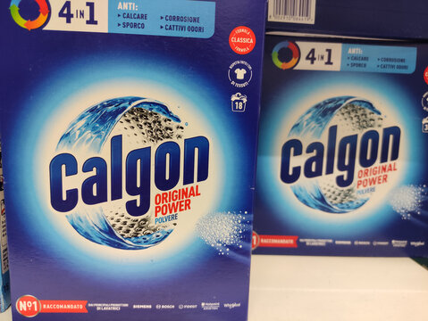 Rome, Italy - July 23, 2025: Calgon Original Power laundry detergent box showcasing vibrant blue design with bubbles, emphasizing its 4-in-1 formula for effective cleaning and odor elimination