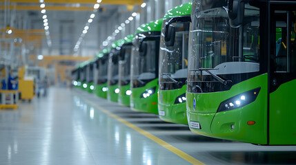 Line of green buses in a bright and clean industrial assembly plant, with overhead cranes and shiny floors, depicting modern transportation solutions.