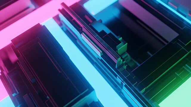 Abstract geometric circuit board with neon pink cyan and green lights