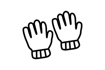 The image shows a simple black and white line drawing of a pair of winter gloves. Each glove has five fingers and features a ribbed cuff at the wrist,