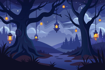 Fototapeta premium Magical Tree with Hanging Lanterns Vector