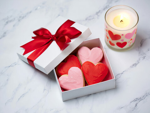 A white gift box tied with a red ribbon holds heartshaped cookies next to a lit candle