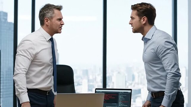 Two men in shirts argue standing across a desk with a laptop displaying code in front of a tall office window