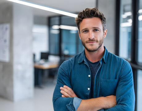 businessman, male office employee dressed in casual blue shirt posing for camera with arms crossed, standing alone at modern workplace. Management