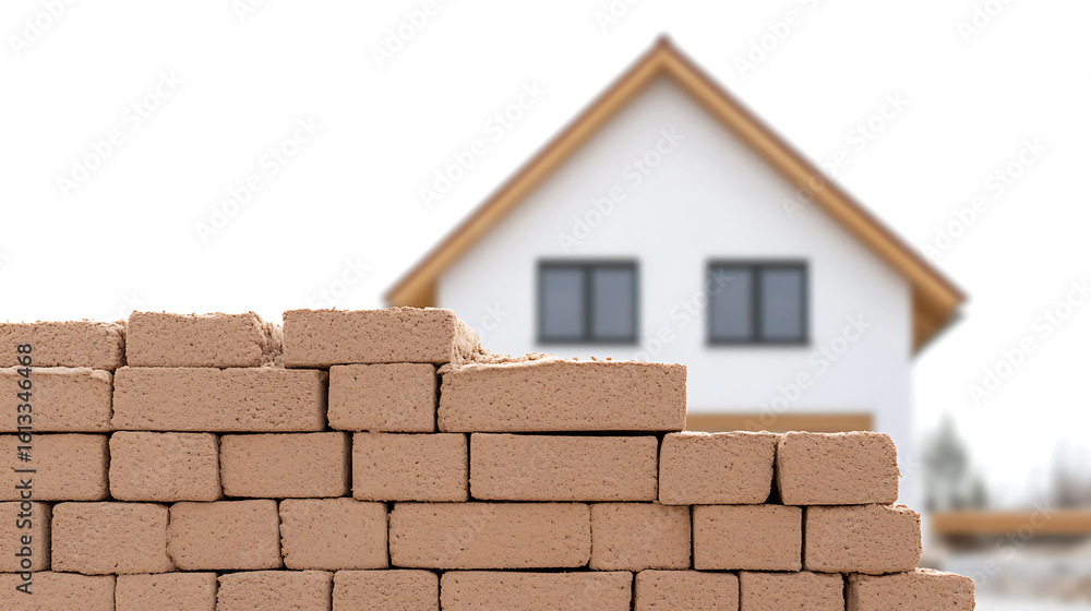 Poster building blocks: a wall of brick being built in front of a newly constructed house. a symbol of prot