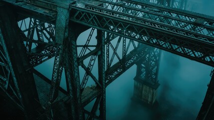 Misty bridge morning vintage railroad bridge partially veiled fog atmospheric perspective steel truss construction natural background