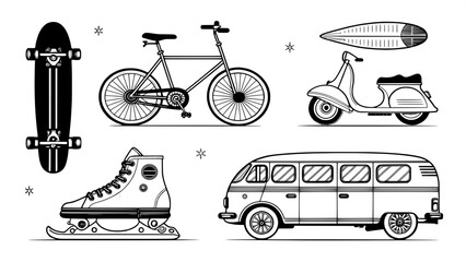“A flat graphic line art series of summer transportation icons: skateboard, bicycle, vintage scooter, surf van, jet ski, and rollerblades. Each object is drawn in bold black outlines with a clean, 2D 