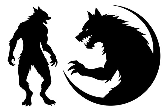 Two black werewolf monsters full body silhouette vector illustration