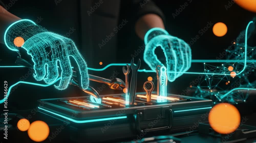 Poster a futuristic technician using holographic tools to repair a device surrounded by glowing orbs and di