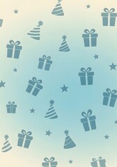 A festive celebration background concept with a seamless pattern of party hats, gift boxes, and stars on a soft blue and cream gradient