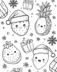Cute Christmas fruit coloring page with kawaii strawberry and pineapple, festive holiday doodle for kids, printable fruit coloring sheet for Christmas