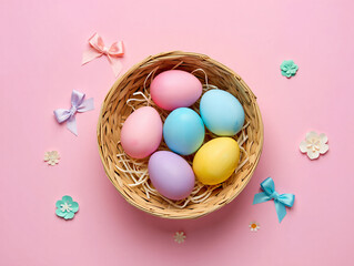 Colorful easter eggs nestled in a woven basket with decorative bows and flowers