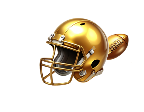 A - Dynamic Golden Football Helmet Colliding with Ball, Vector Composition with Motion Lines and Shiny Effects, Isolated on White.