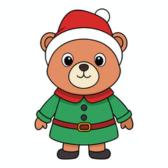 a cartoon bear wearing a Santa hat and green dress.
