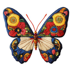 Colorful embroidered butterfly with floral design showcasing intricate stitching details on transparent background