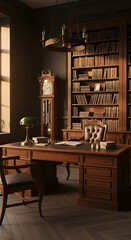 Ornate wooden study with a leather chair desk lamp books and grandfather clock