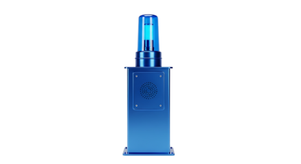 A futuristic blue emergency call station, providing security and safety assistance
