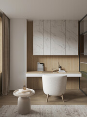 Stylish home office with a white desk, cozy chair, and soft lighting. Marble accents and wooden paneling create a chic, modern workspace.
