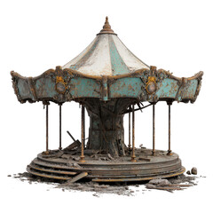Carousel in Decay: An evocative image of a weathered carousel, its once vibrant structure now bearing the marks of time and neglect, telling a story of forgotten joy and the passage of years. 