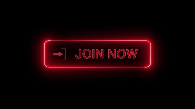  Neon glowing Join now button animation on transparent background. Join now button click  animation. button with icon animation concept. Join now Glowing neon text animation
