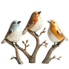 Colorful bird figurines perched on a decorative tree branch display in a serene indoor setting on transparent background