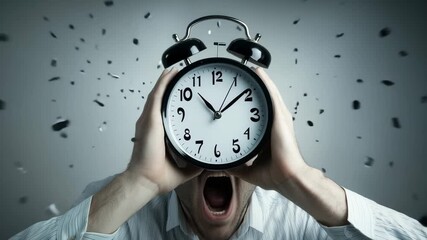 A businessman holds a broken clock while expressing frustration in a dramatic deadline moment, illustrating the pressure of time - Powered by Adobe