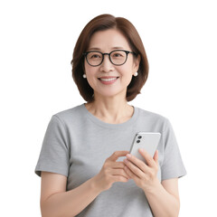 A smiling woman with short brown hair and glasses holding a smartphone in her hands portrait view on transparent background