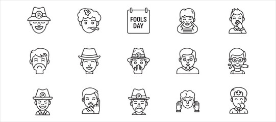 Collection of 36 April Fools' Day line icons featuring editable strokes. Perfect for websites, infographics, and applications. Set against a white background.