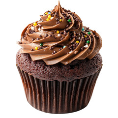 Delicious chocolate cupcake topped with colorful sprinkles and creamy frosting on transparent background