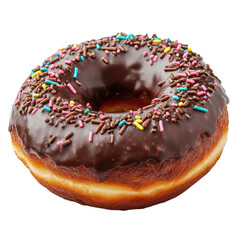 Delicious chocolate donut topped with colorful sprinkles on a bright background on transparent background