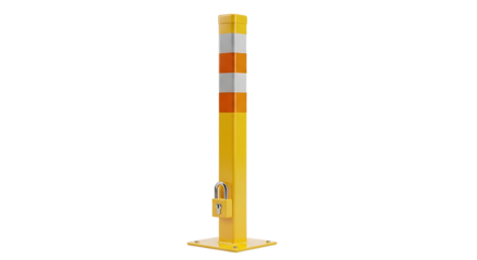 Yellow bollard with padlock for security isolated against a white background