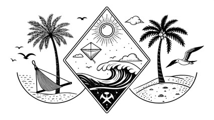 “Black and white minimalist illustrations of classic summer symbols: sun, sea, sand, sky. Elements include waves, a kite, a hammock between two palms, a seagull in flight, and footprints in the sand. 