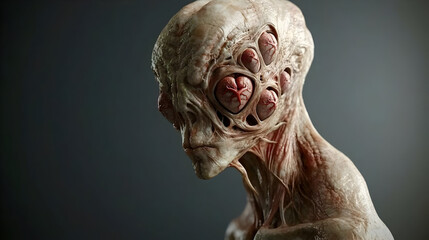 Alien head, close-up view, detailed, unsettling, fleshy, grotesque, extra-terrestrial, multiple eyes, exposed organs,  pale skin,  dark background