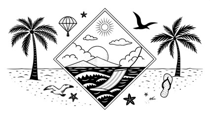 “Black and white minimalist illustrations of classic summer symbols: sun, sea, sand, sky. Elements include waves, a kite, a hammock between two palms, a seagull in flight, and footprints in the sand. 