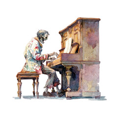 The Melancholy Ballad: A watercolor depiction of a spectral skeleton playing the piano, its bony fingers dancing across the keys, evoking a sense of eerie serenity and the enduring power of music.