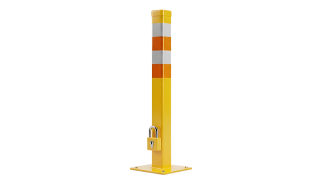 Yellow bollard with padlock for security isolated against a white background