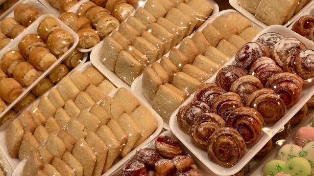 careful packing of biscuits and pastries on disposable plastic substrates in the supermarket. beautiful layout of homemade cookies in the bakery