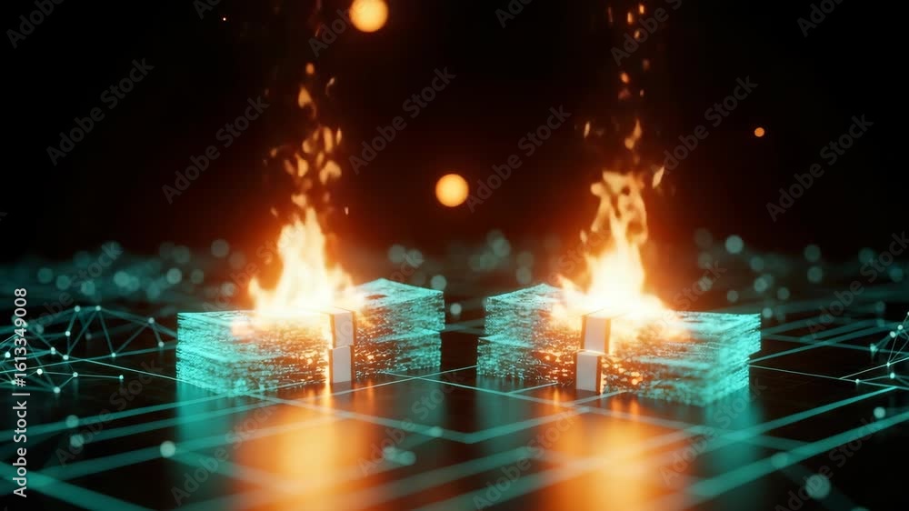 Poster a futuristic digital scene depicting two glowing stacks of currency engulfed in flames set against a