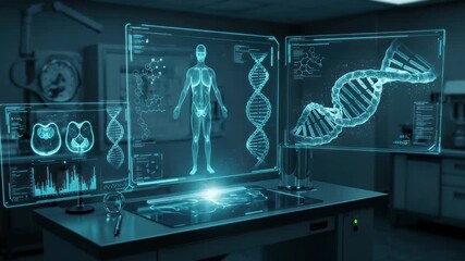 Futuristic medical interface shows human anatomy and DNA structure in lab research - Powered by Adobe