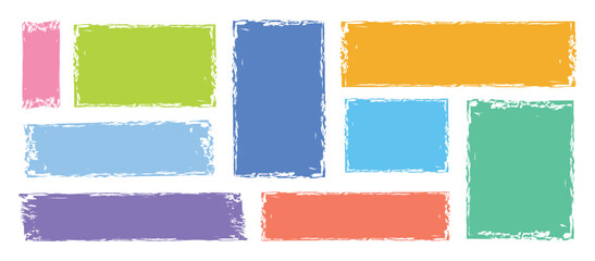 Colorful crayon text box set. Hand drawn rectangle and square sticker shape collection. Rectangle grungy brushes collection. Vector bright painted elements for collage, banner.