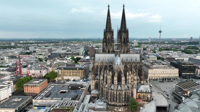 Morning View of Cathedral in Cologne, Germany. Drone, 4k