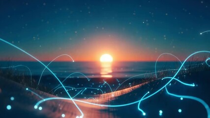 A serene sunset over a tranquil ocean with gentle waves lapping at the shore and glowing trails of light dancing through the air creating a magical atmosphere of peace and wonder