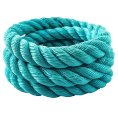 Bright turquoise rope coiled neatly on a white background, ideal for crafting or marine applications on transparent background