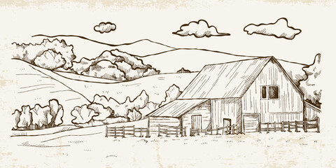 Hand-drawn landscape in vintage style with a wooden house, hills and trees on a light background with texture.
