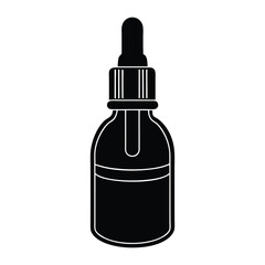 a black and white bottle of liquid medicine