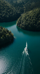 Sailboat glides across a serene emerald lake surrounded by lush green forests