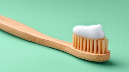 Wooden toothbrush with toothpaste on green background ready for use