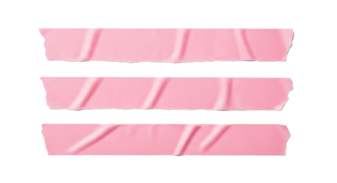 Three isolated horizontal light pink adhesive tape strips with torn edges and subtle creases, matte texture, on a transparent background, top-down flat lay. Graphic design element concept - Powered by Adobe